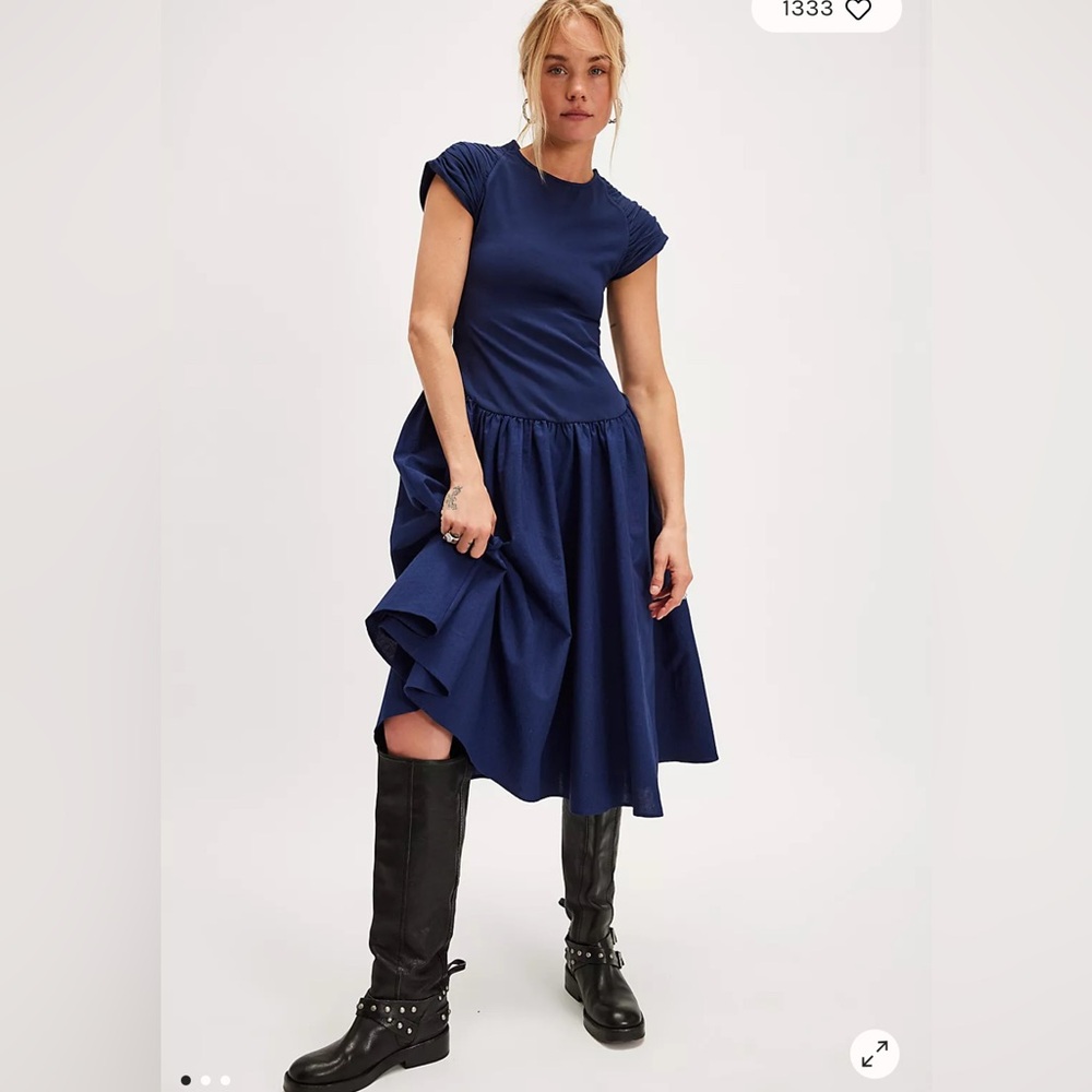 Free People Afternoon Elegance Midi Dress in Indigo Pura Retail $148 NWOT